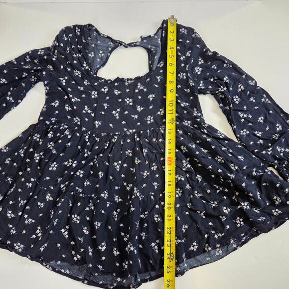 American Eagle Babydoll Navy Floral Top Small Long Sleeve Keyhole Back - Picture 3 of 7